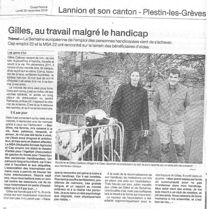 Article sur gilles, au travail malgré le handicap dans l'ouest France